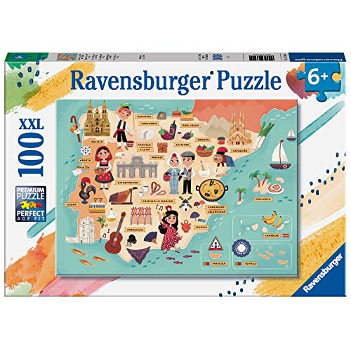 Ravensburger - Puzzle Mapa de España y Portugal, 100 Piezas XXL, Edad Recomendada 6+ Años