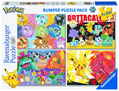 Ravensburger - Puzzle Pokémon, Colección 4x100 Bumper Pack, 4 Puzzle de 100 Piezas, Puzzle para Niños, Edad Recomendada 5+ Años