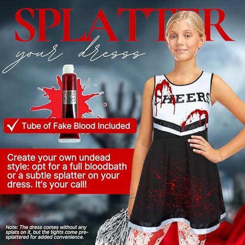 REDSTAR Disfraz de animadora zombi para niñas, vestido, medias con salpicaduras de sangre, con tubo de sangre falsa.