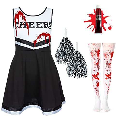 REDSTAR Disfraz de animadora zombi para niñas, vestido, medias con salpicaduras de sangre, con tubo de sangre falsa.