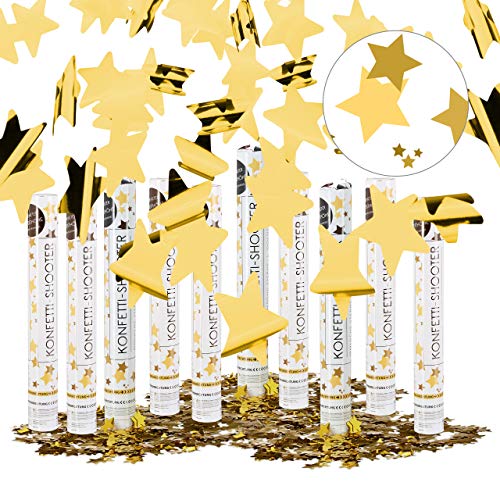 Relaxdays Pack de 10 Cañones Confeti para Lluvia de Estrellas en Bodas y Cumpleaños, Dorado, 6-8 m Altura, 40 cm