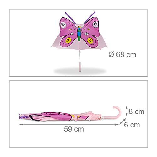 Relaxdays Paraguas Infantil de Mariposa en 3D, Poliéster-Plástico, Rosa, 59 x 8 x 6 cm