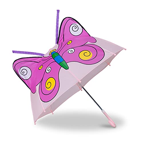 Relaxdays Paraguas Infantil de Mariposa en 3D, Poliéster-Plástico, Rosa, 59 x 8 x 6 cm