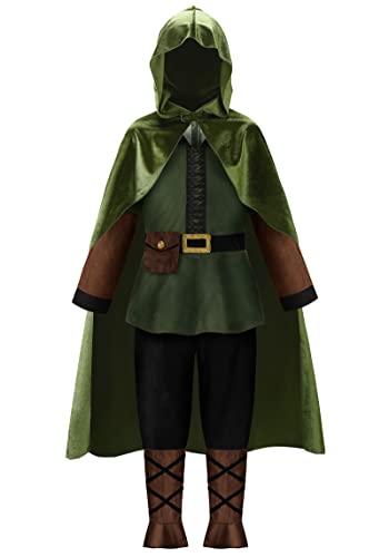 ReliBeauty Disfraz de Arquero Robin Hood Niño Manga Larga 3-12 años con Capa, Pantalón y cubre botas,100