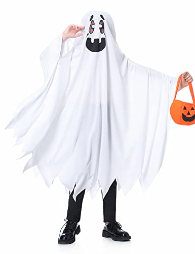 RITOSTA Disfraz Fantasma Niño Disfraces de Halloween para Niños Disfraz de Fantasma Niña Blanco Ghost Capa con Cesta de Calabaza capucha para Niñas