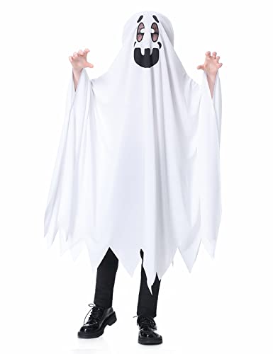 RITOSTA Disfraz Fantasma Niño Disfraces de Halloween para Niños Disfraz de Fantasma Niña Blanco Ghost Capa con Cesta de Calabaza capucha para Niñas