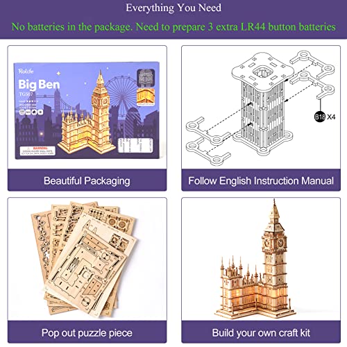 Rolife Puzzle 3D Madera Antiguo Maquetas para Montar para Construir Adultos Niñas 220 Piezas, Big Ben, Sin Pilas en el Paquete