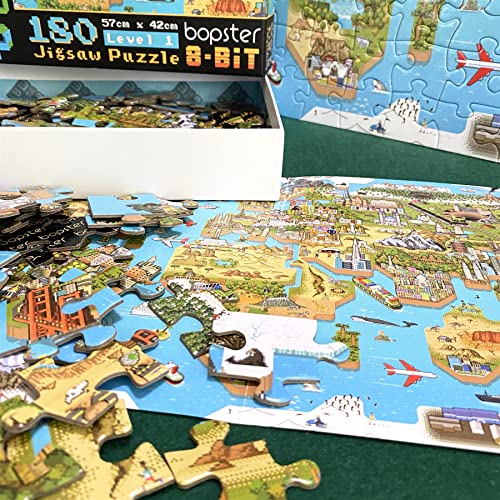 Rompecabezas de Mapa Mundial para niños - Rompecabezas de Mapa Mundial de 180 Piezas Estilo de Juego Retro 8 bits - Regalos de geografía de cartón 100% Reciclado - Rompecabezas para niños de bopster