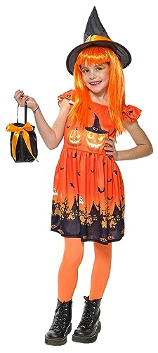 Rubies Disfraz Bruja Calabruja para niñas, Vestido impreso, sombrero y bolso, Oficial Rubies para Halloween, Carnaval, Cumpleaños y Fiestas