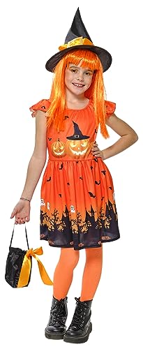 Rubies Disfraz Bruja Calabruja para niñas, Vestido impreso, sombrero y bolso, Oficial Rubies para Halloween, Carnaval, Cumpleaños y Fiestas