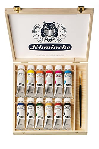Schmincke - Óleo AKADEMIE®, 12 tubos de 60 ml, 79 112 097, estuche de madera + pincel daVinci (tamaño 10), colores al óleo para artistas, tonos brillantes, pintura al óleo, juego de colores al óleo