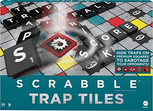 SCRABBLE Games Scrabble Trap Tiles Juego de Mesa Familiar con trampas, trampas, gatillo, bastidores, Bolsas de Azulejos, Regalo para Adolescentes Adultos o Familiares a Partir de 10 años
