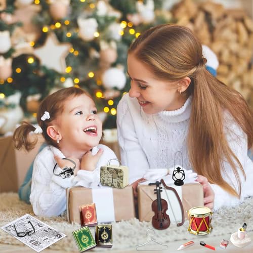 Shinybox Miniatura Casa de Muñecas Decoración, 17 Piezas Accesorios en Miniatura, Adornos en Miniatura de Navidad, Maleta Vintage de Casa de Muñecas, Adornos en Miniatura de Navidad