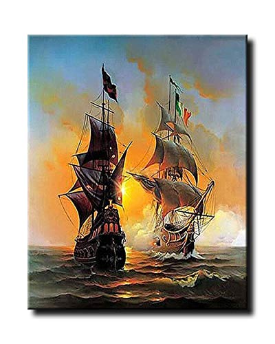 Shukqueen - Pintura al óleo para manualidades, pintura para adultos por números, pintura acrílica, dos buques de guerra navegados en el océano, 40,6 x 50,8 cm
