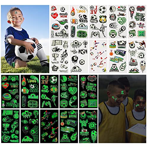 Sibba 20 Hojas Tatuajes Fútbol para Niños 156 Estilos Luminosos Tatuajes Dibujos Animados Falsos Tatuajes Regalos Cumpleaños Suministros Juguetes Competición Fútbol Juego Copa Mundial Celebración