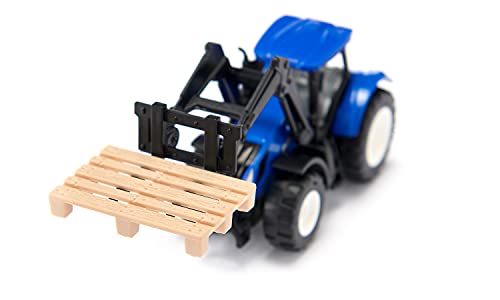 siku 1544, Tractor New Holland con horquilla y palé, Metal / plástico, Azul, Tractor de juguete para niños, Cargador frontal móvil