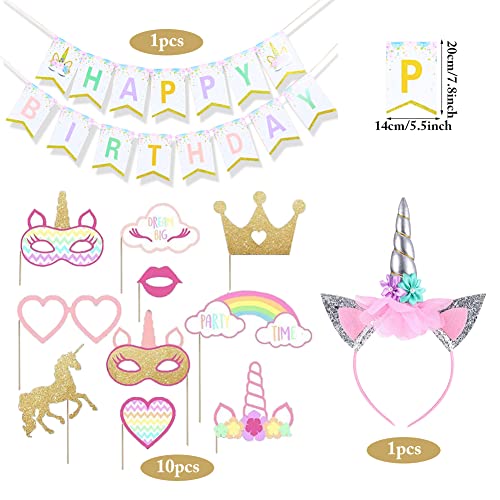 Simuer Rainbow Happy Birthday Banner+Unicorn Photo Stand Props (10 piezas totalmente montadas) para niñas, niños, cumpleaños, baby shower, fiesta temática de unicornio, accesorios decorativos