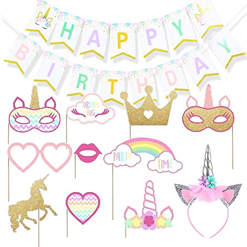 Simuer Rainbow Happy Birthday Banner+Unicorn Photo Stand Props (10 piezas totalmente montadas) para niñas, niños, cumpleaños, baby shower, fiesta temática de unicornio, accesorios decorativos