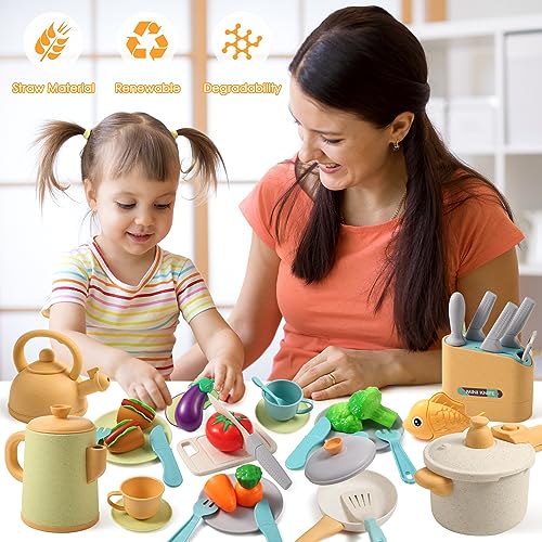 SLEMAKO Juguetes de Cocina para niños Accesorios, juego de ollas y sartenes, utensilios de cocina al aire libre, juego de chef para cortar alimentos verduras, juego de rol para niños mayores de 3 años