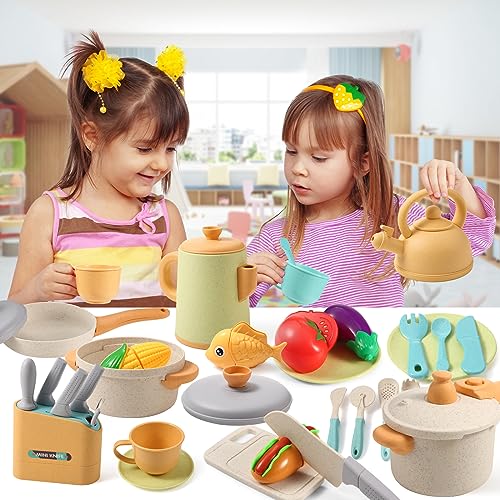SLEMAKO Juguetes de Cocina para niños Accesorios, juego de ollas y sartenes, utensilios de cocina al aire libre, juego de chef para cortar alimentos verduras, juego de rol para niños mayores de 3 años