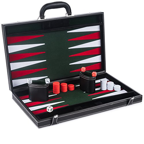 Smart Tactics Premium Backgammon Set - Large 17'' Wood & PU Leather Folding Backgammon Board - Green / White / Red Felt Interior - Includes Dice Cups, Doubling Cube & Instruction Manual by GrowUpSmart