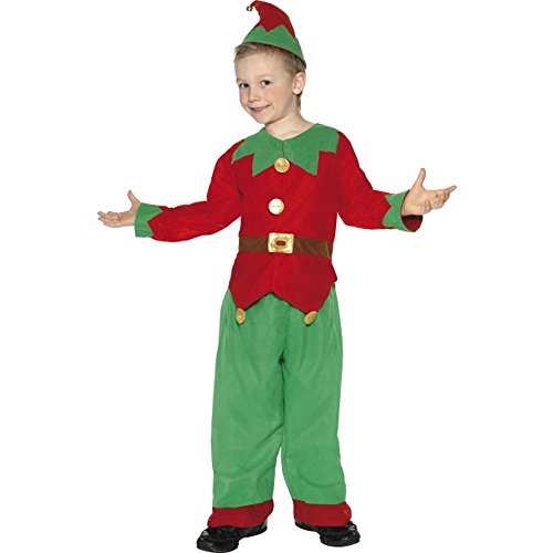 Smiffy's - 24507m Disfraz de Elfo, con Parte de Arriba, pantalón y Gorro, Color Rojo y Verde, M-Edad 7-9 años (Smiffy'S 24507M)