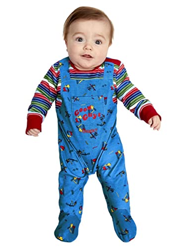 Smiffys 52411B4 Disfraz de bebé Chucky con licencia oficial, niños, azul y rojo, B4-9-12 meses
