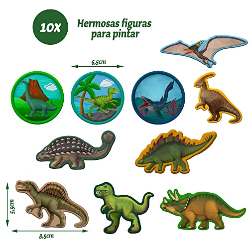 Smowo 10 figuras de dinosaurios de escayola para moldear y pintar - Juego de manualidades de dinosaurios de escayola que incluye una enciclopedia para niños creativos