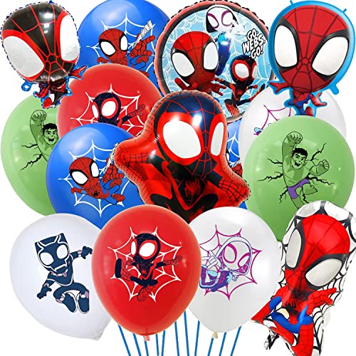 Spiderman Globos de Cumpleaños, Spidey y Sus Amigos Globo Decoracion - 20 Globos de Látex, 4 Spiderman Personajes Globos de Lámina, 1 Globo Redondo de Lámina