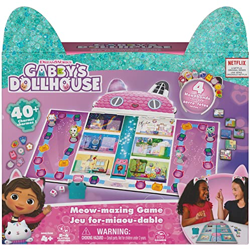 Spin Master Games Gabby's Dollhouse - Increíble Juego de Mesa basado en el Programa de Netflix de DreamWorks con 4 Diademas de Gatitos, para familias y niños a Partir de 4 años