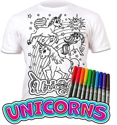 Splat Planet Camiseta para niños con diseño de unicornio para colorear y colorear con preimpreso. Incluye 6 lápices mágicos lavables para colorear. Cumpleaños infantiles, Blanco, 7-8 años
