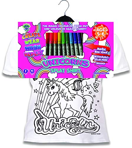 Splat Planet Camiseta para niños con diseño de unicornio para colorear y colorear con preimpreso. Incluye 6 lápices mágicos lavables para colorear. Cumpleaños infantiles, Blanco, 7-8 años