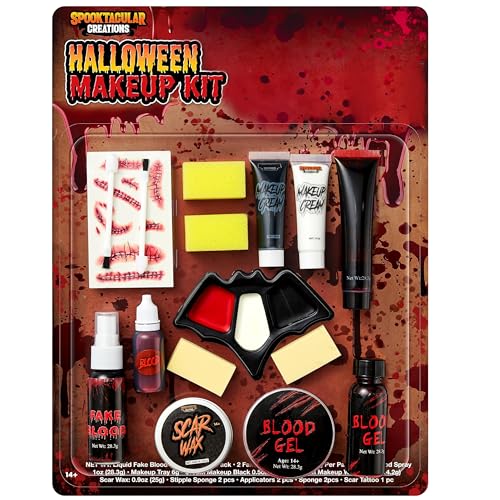 Spooktacular Creations 16 piezas Kit de maquillaje familiar de Halloween Pintura facial y corporal con gel de sangre líquido para cosplay Suministros para fiestas de Halloween