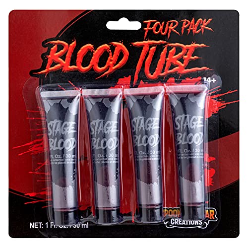 Spooktacular Creations 4 paquetes de 1 oz de tubo de sangre de vampiro falso para Halloween, sangre falsa para disfraz de Halloween, maquillaje y disfraces de zombies, vampiros y monstruos