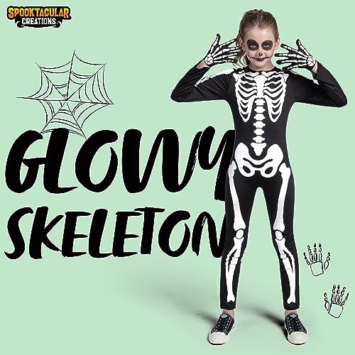 Spooktacular Creations Disfraz de Esqueleto para Niños, Unisex Brillo en el Mono de Esqueleto Oscuro con Guantes para Niños, Chicas Halloween Dress, Juego de Roles, Cosplay Party-