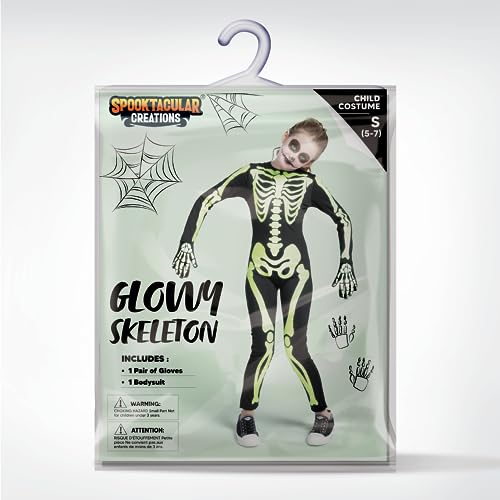 Spooktacular Creations Disfraz de Esqueleto para Niños, Unisex Brillo en el Mono de Esqueleto Oscuro con Guantes para Niños, Chicas Halloween Dress, Juego de Roles, Cosplay Party-