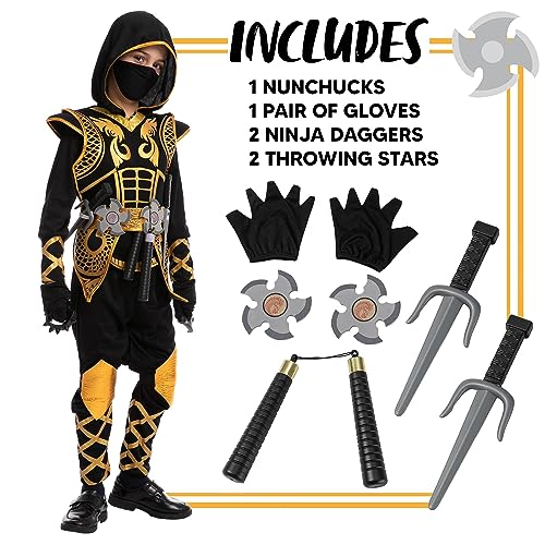 Spooktacular Creations Juego de disfraces Golden Ninja Deluxe con accesorios de espuma Ninja Juguetes para niños Traje de Kung Fu Ideas para Halloween