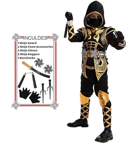 Spooktacular Creations Juego de disfraces Golden Ninja Deluxe con accesorios de espuma Ninja Juguetes para niños Traje de Kung Fu Ideas para Halloween