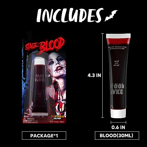 Spooktacular Creations Tubo de sangre de vampiro falso de Halloween de 1 oz, pegamento de sangre de escenario sangre falsa para disfraz de Halloween, maquillaje de zombi, vampiro y monstruo