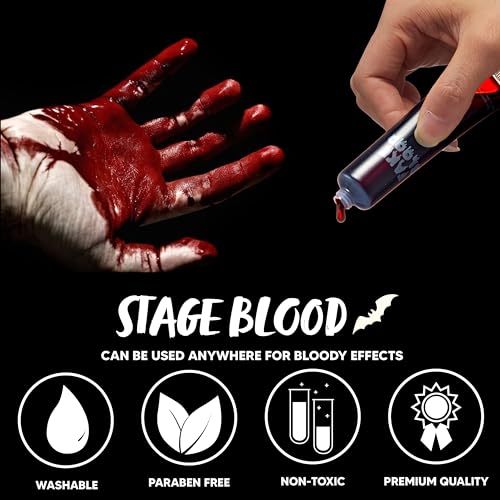 Spooktacular Creations Tubo de sangre de vampiro falso de Halloween de 1 oz, pegamento de sangre de escenario sangre falsa para disfraz de Halloween, maquillaje de zombi, vampiro y monstruo