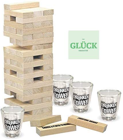 STMK Torre de madera apilable para juego de beber, 64 piezas, pegatinas de suerte gratis