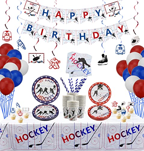 Suministros para Fiestas de Hockey, Juego de Fiesta Temático de Hockey sobre Hielo para Fanáticos del Hockey, Incluye Platos, Vasos, Servilletas, Manteles, Pancartas, Sirve 20