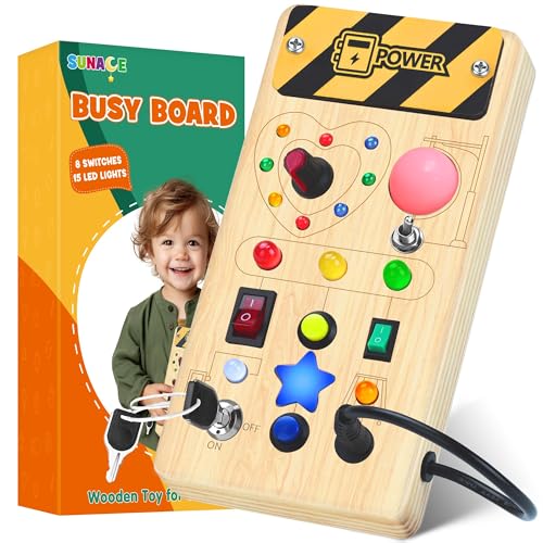 SUNACE Tablero Montessori - Busy Board de Madera con 8 Interruptores 15 Luces LED, Juguetes Sensoriales Educativos para Bebés y Niños 1 a 4 Años