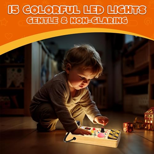 SUNACE Tablero Montessori - Busy Board de Madera con 8 Interruptores 15 Luces LED, Juguetes Sensoriales Educativos para Bebés y Niños 1 a 4 Años
