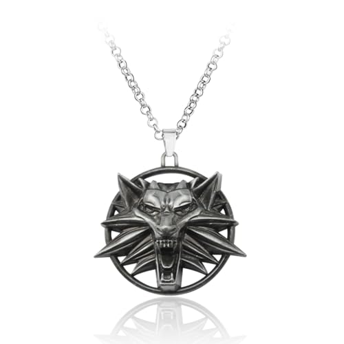 SUNSHINETEK Witcher Wolf Head llavero colgante con letrero (plata)