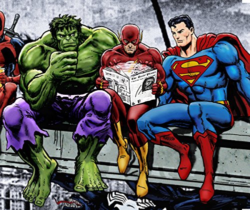 Superhéroes Marvel & DC en la parte superior de un rascacielos – con capitán américa, Iron Man, Batman, Wolverine, Deadpool, Hulk, Flash y Superman de Dan avenell – Lienzo de montaje