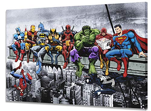 Superhéroes Marvel & DC en la parte superior de un rascacielos – con capitán américa, Iron Man, Batman, Wolverine, Deadpool, Hulk, Flash y Superman de Dan avenell – Lienzo de montaje