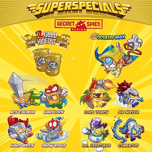 SUPERTHINGS Lata Gold Contiene Las Figuras Especiales de la Serie Secret Spies. Incluye el ultrararo (Oculus MAX), 2 líderes Dorados, 6 capitanes Plateados y 2 guaridas Hideouts