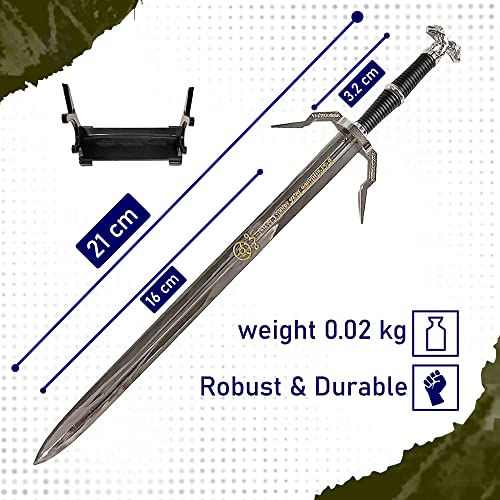 Swords and more Espada de The Witcher Geralt Riv de plata Abrecartas con soporte miniatura, 21 cm, regalo de vídeo para fans, jugadores y coleccionistas