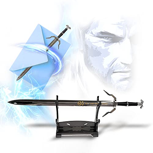 Swords and more Espada de The Witcher Geralt Riv de plata Abrecartas con soporte miniatura, 21 cm, regalo de vídeo para fans, jugadores y coleccionistas